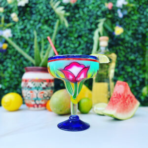 Hand Painted Margarita Glasses for Outdoor Patio Entertaining, Elegant Glassware, Handblown Floral Cocktail Glasses, Mexican Margarita Glass
