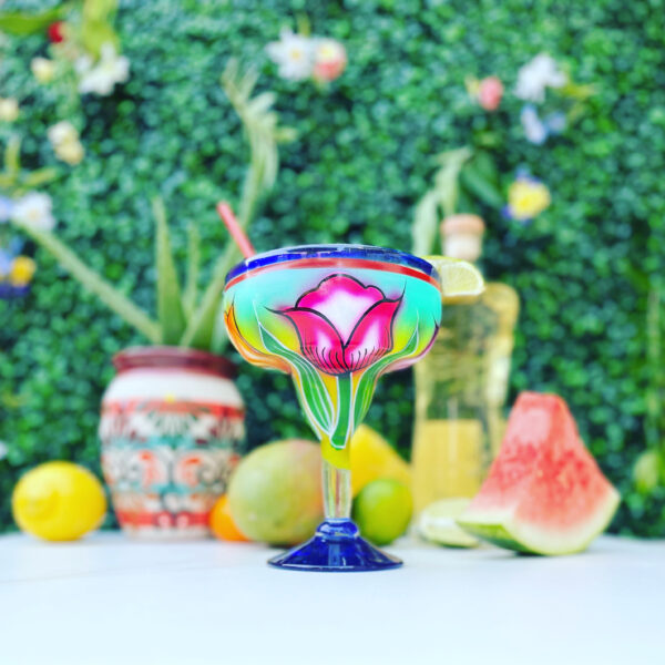 Hand Painted Margarita Glasses for Outdoor Patio Entertaining, Elegant Glassware, Handblown Floral Cocktail Glasses, Mexican Margarita Glass