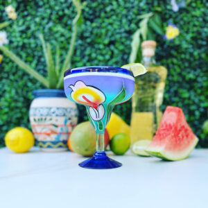 Hand Painted Margarita Glasses for Outdoor Patio Entertaining, Elegant Glassware, Handblown Floral Cocktail Glasses, Mexican Margarita Glass